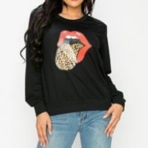 Rolling Stone Leopard 🐆 Printed 👅 Mouth Black Long Sleeves Shirt